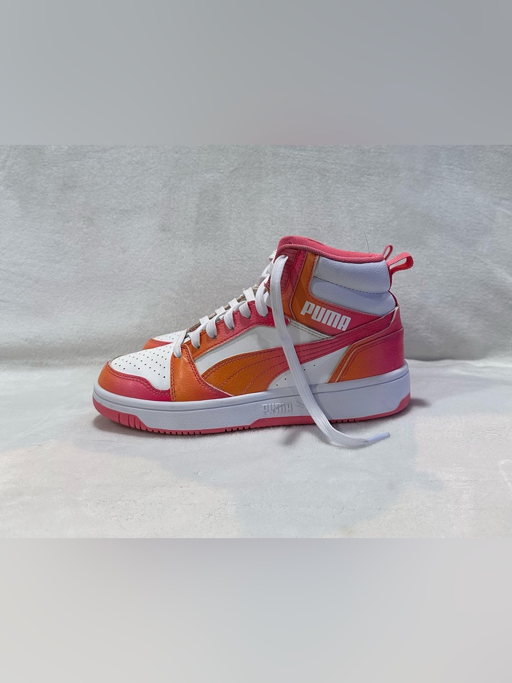 Puma Girls High-Top Sneakers in White, Pink & Orange